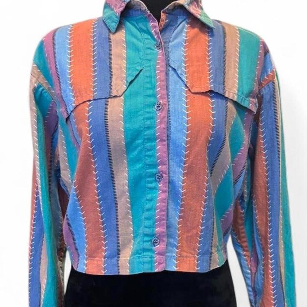 90s Western Stripe Crop Button Up – Southwest Cowgirl Top M - Picture 3 of 8